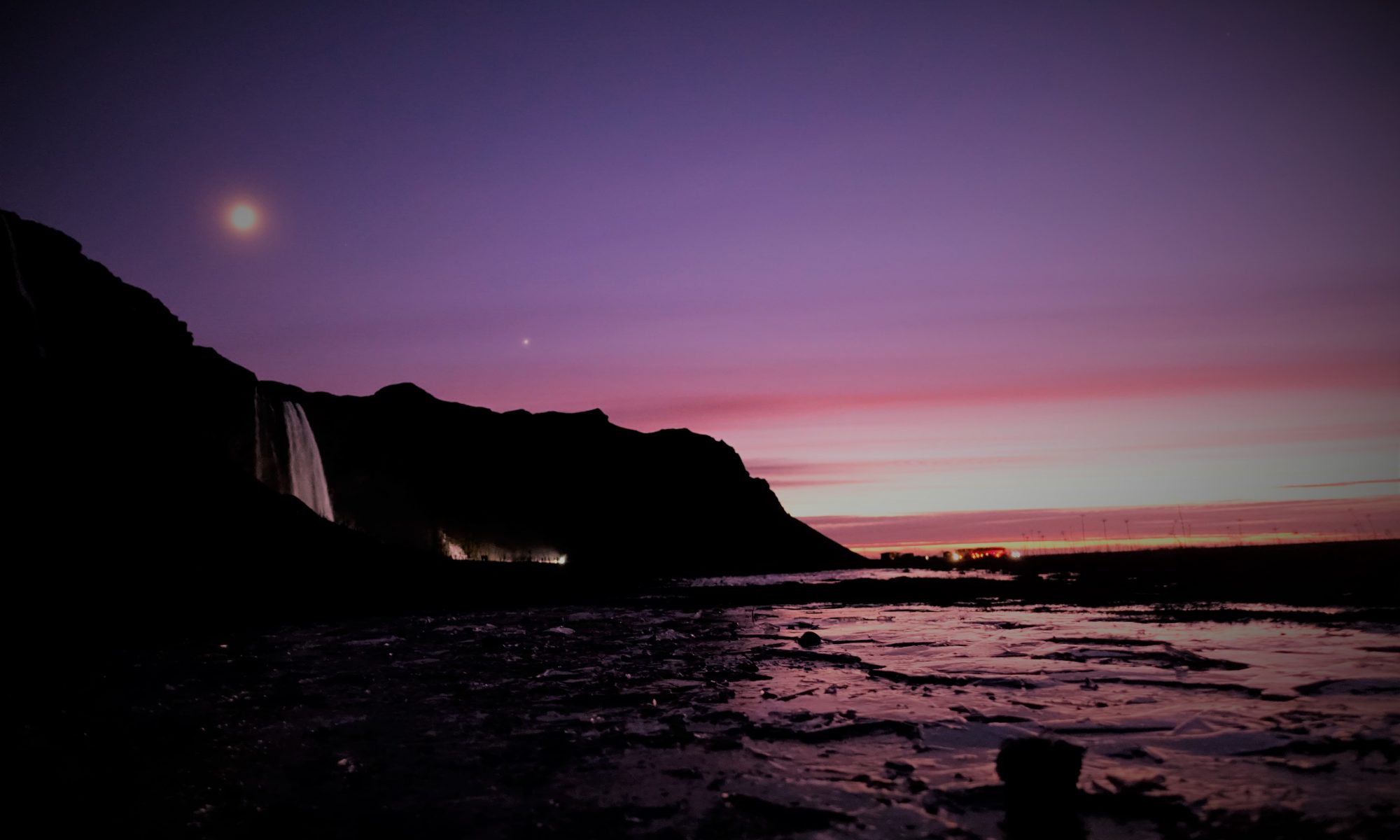 Seljalandsfoss pink sky moon South Coast Iceland